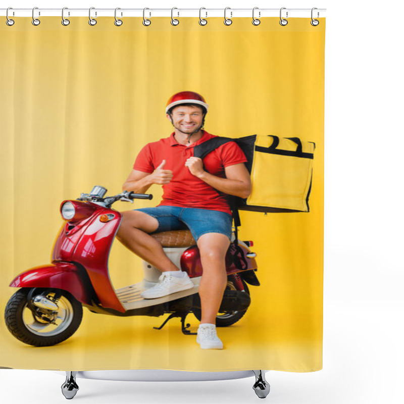 Personality  Happy Delivery Man With Backpack Sitting On Red Scooter And Showing Thumb Up On Yellow Shower Curtains