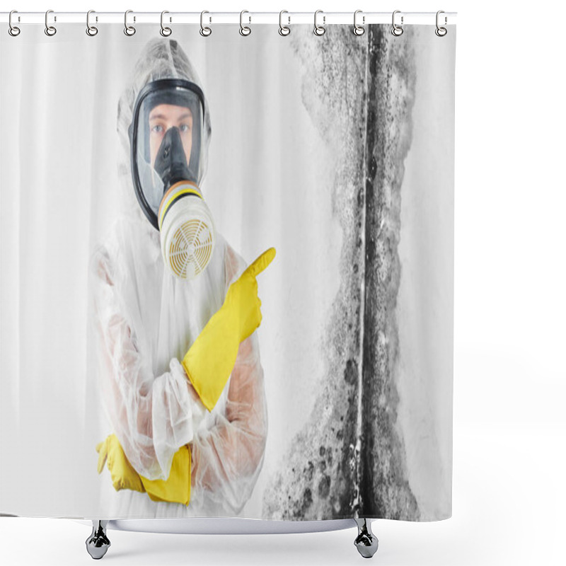 Personality  A Professional Disinfector In Overalls And A Mask Points A Finger At The Black Mold On The Wall. Removal Of The Fungus In The Apartment And House. Aspergillus Shower Curtains