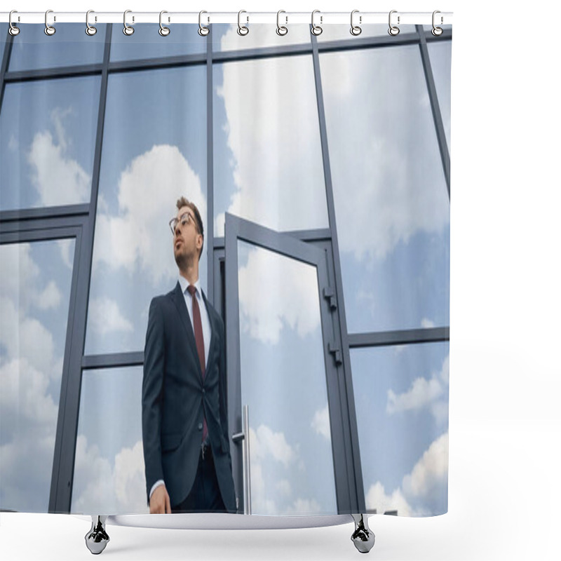 Personality  Low Angle View Of Businessman In Suit And Glasses Opening Door While Walking Outside Shower Curtains