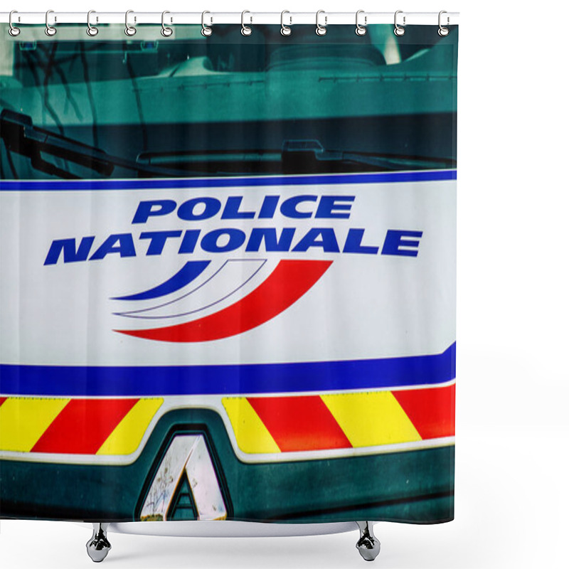 Personality  Closeup Of An Official Police Car Patrolling The Streets Of The City Center Of The Metropolitan Area Shower Curtains