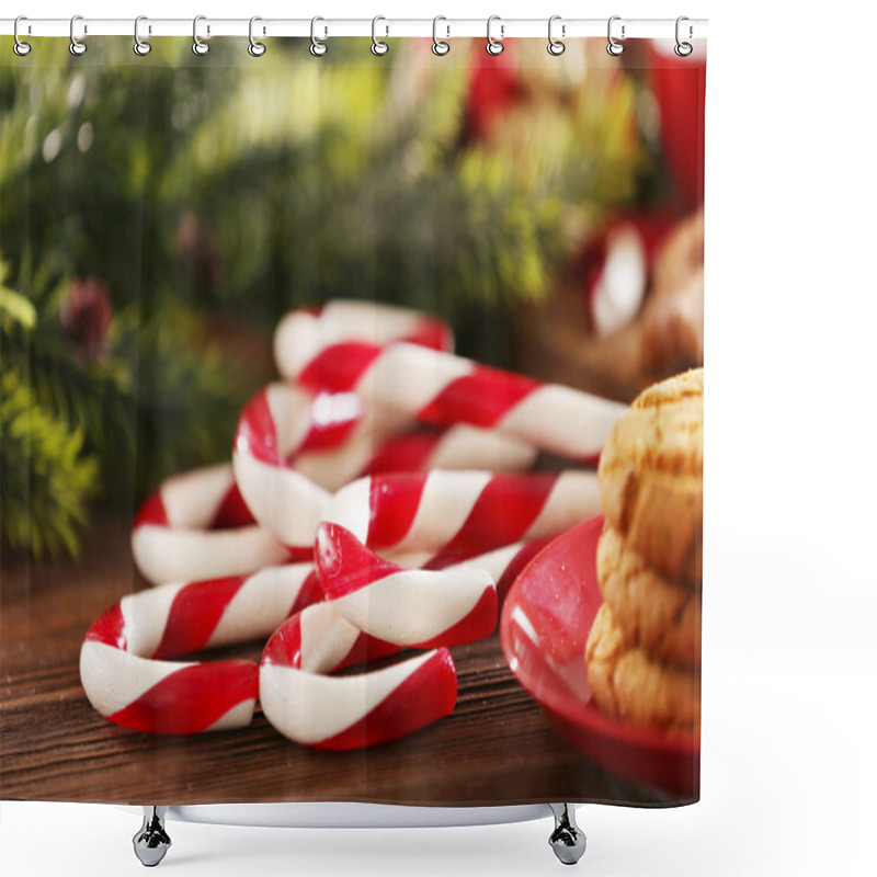 Personality  Christmas Candy Canes With Christmas Decoration Shower Curtains