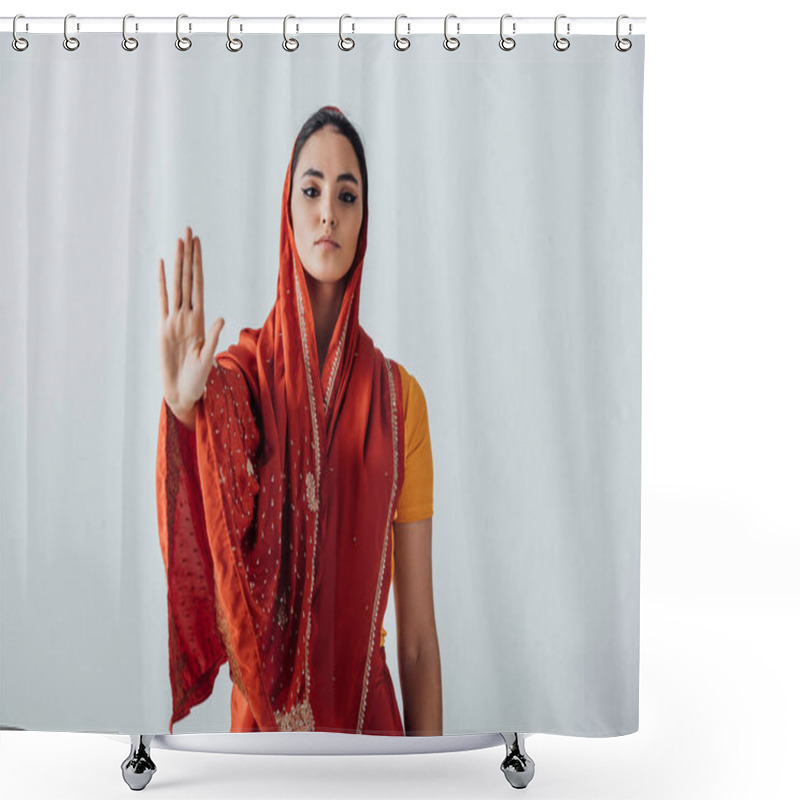 Personality  Beautiful Indian Woman In Sari Showing Stop Sign Isolated On Grey Shower Curtains