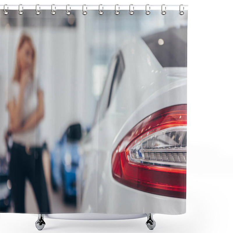 Personality  Selective Focus On Car Lights Of A Modern Automobile At The Dealership, Female Customer Looking At The Auto On The Background. Woman Buying New Car At Dealership Salon, Copy Space. Consumerism Concept Shower Curtains