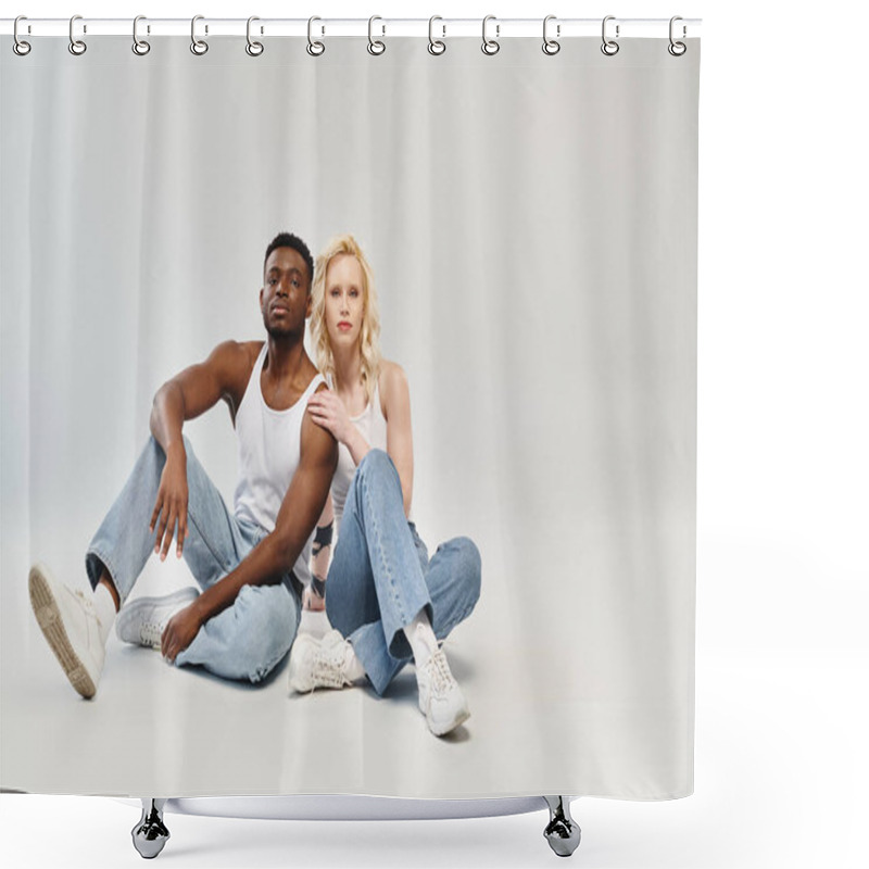 Personality  A Young Multicultural Couple Sitting On The Ground In A Studio, Embodying Peaceful Togetherness Amidst A Grey Backdrop. Shower Curtains