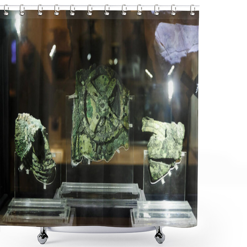 Personality  Visitors Look At A Fragment Of The 2,100-year-old Antikythera Mechanism, Believed To Be The Earliest Surviving Mechanical Computing Device, Is Seen At The National Archaeological Museum In Athens, Greece On Aug. 26, 2018 Shower Curtains