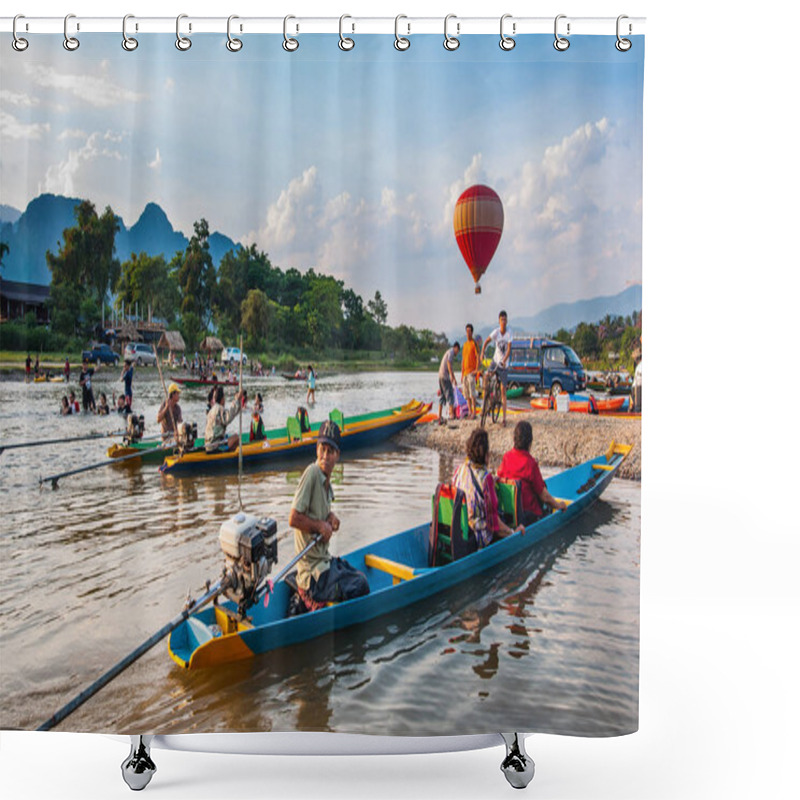 Personality  Tour Boat In Vang Vieng Shower Curtains