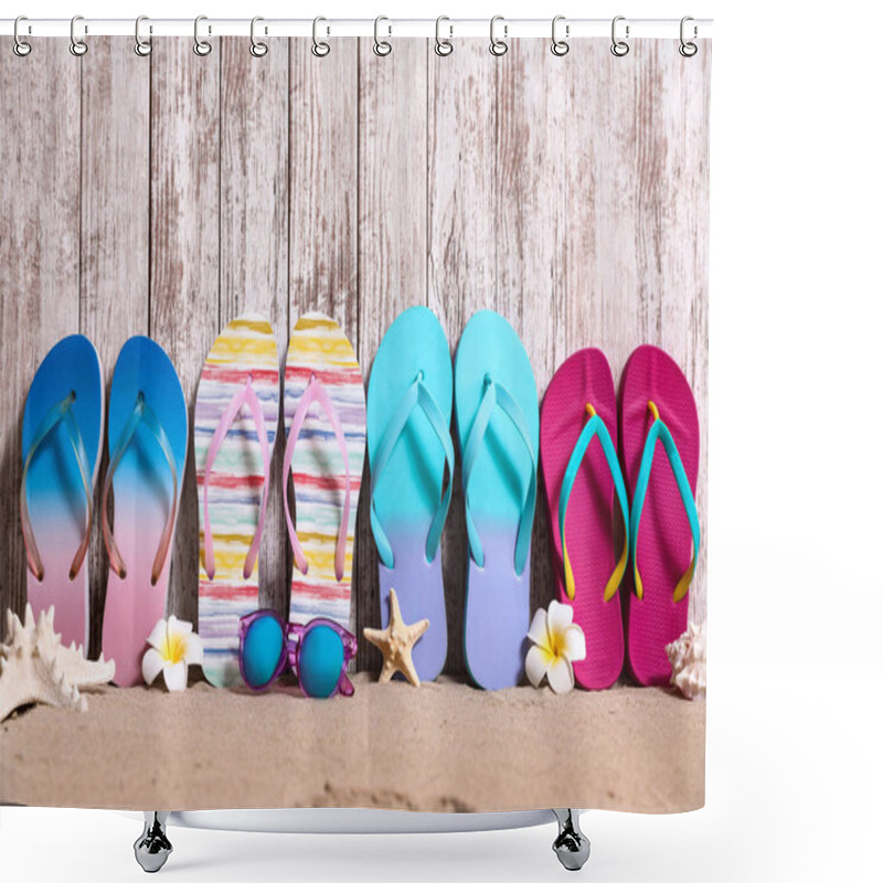 Personality  Different Bright Flip Flops And Sunglasses On Sand Near Wooden Wall, Space For Text. Summer Beach Accessories Shower Curtains