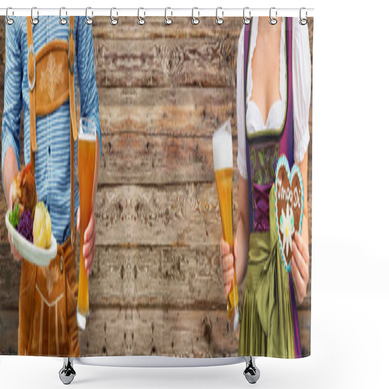 Personality  Woman And Man In Costume With Beer Glasses And Bavarian Specialt Shower Curtains