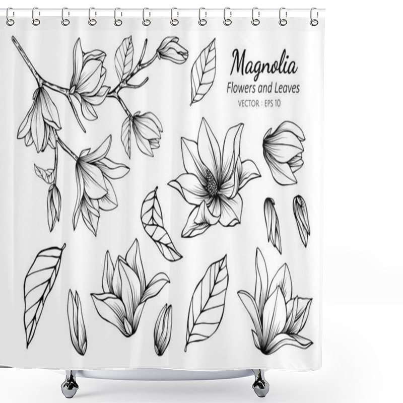 Personality  Collection Set Of Magnolia Flower And Leaves Drawing Illustratio Shower Curtains