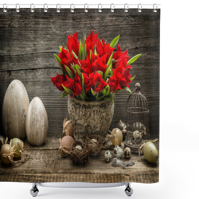 Personality  Red Tulips And Easter Eggs Shower Curtains