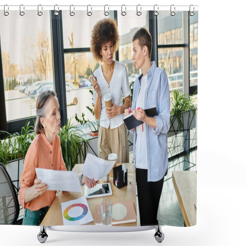 Personality  A Diverse Group Of Hard-working, Pretty Businesswomen Are Gathered Around A Table, Engaged In A Collaborative Discussion In An Office Setting. Shower Curtains