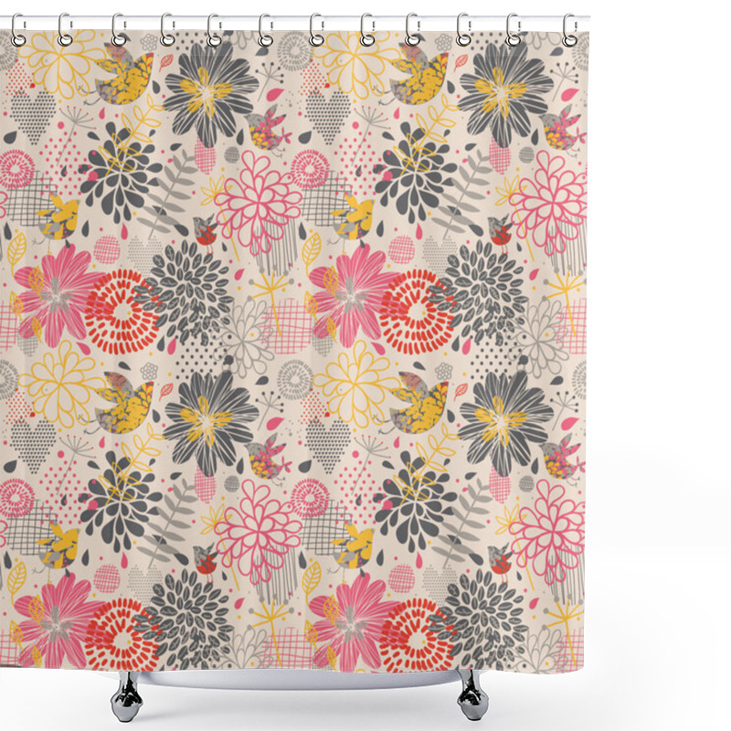 Personality  Birds In Flowers - Abstract Seamless Pattern In Vector Shower Curtains