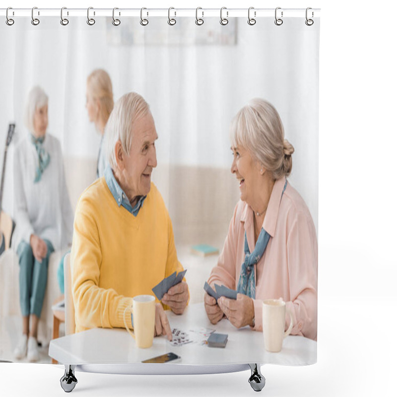 Personality  Happy Smiling Senior Couple Playing Cards At Table At Nursing Home Shower Curtains