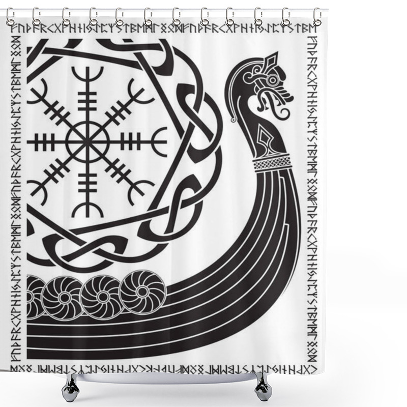 Personality  Warship Of The Vikings. Drakkar, Ancient Scandinavian Pattern And Norse Runes, Isolated On White, Vector Illustration Shower Curtains