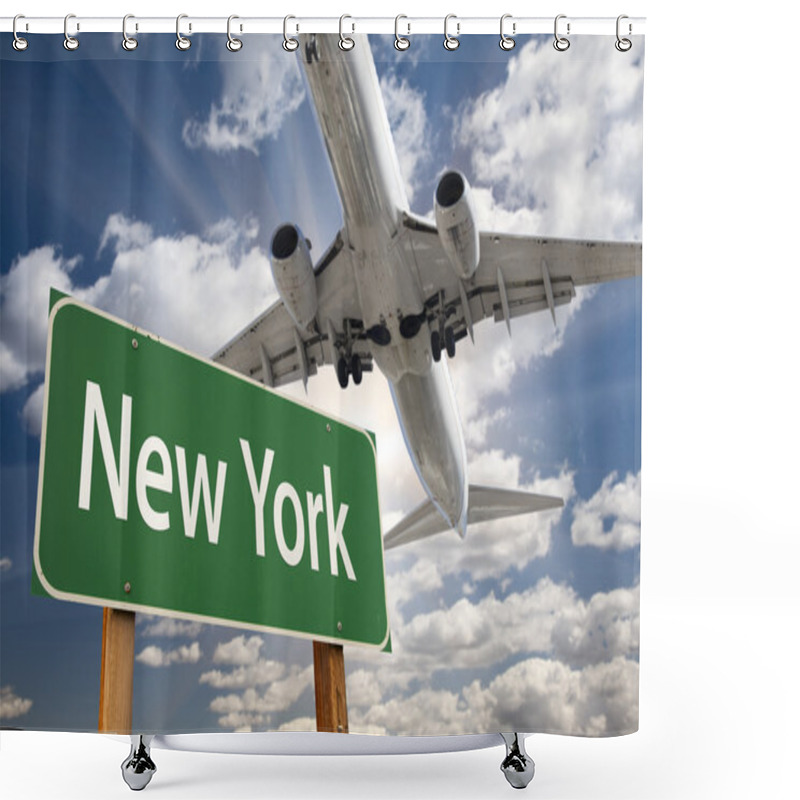 Personality  New York Green Road Sign And Airplane Above Shower Curtains