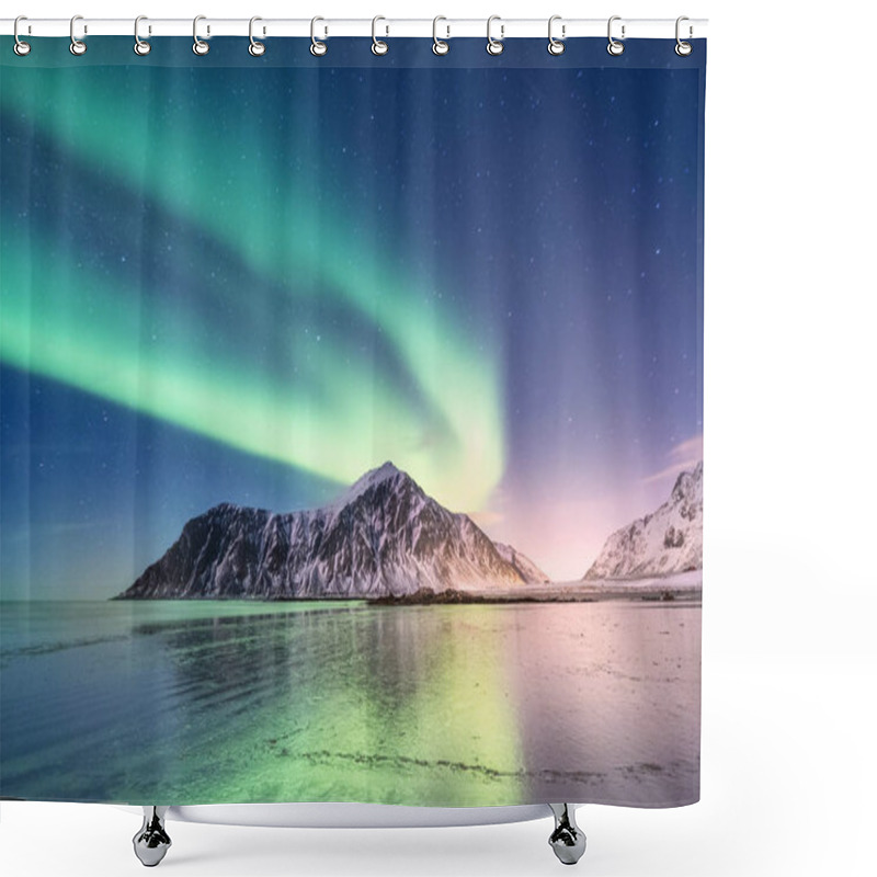 Personality  Northen Light Above Mountains And Ocean Shore. Beautiful Natural Landscape In The Norway Shower Curtains