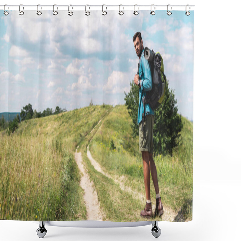 Personality  Traveler With Backpack Walking On Path On Green Meadow Shower Curtains