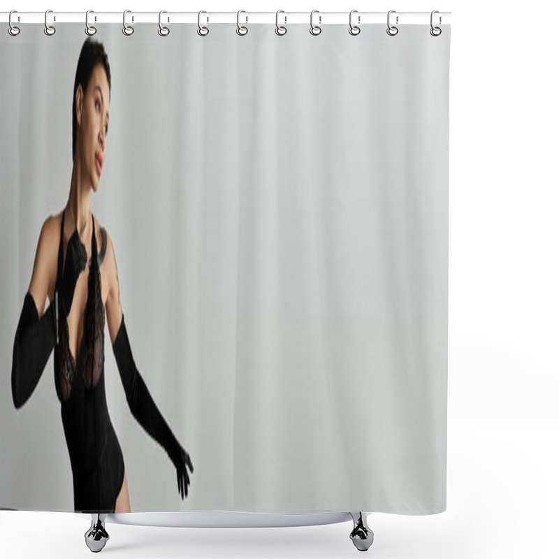 Personality  A Young Woman In Black Lingerie Poses Against A White Background. Shower Curtains