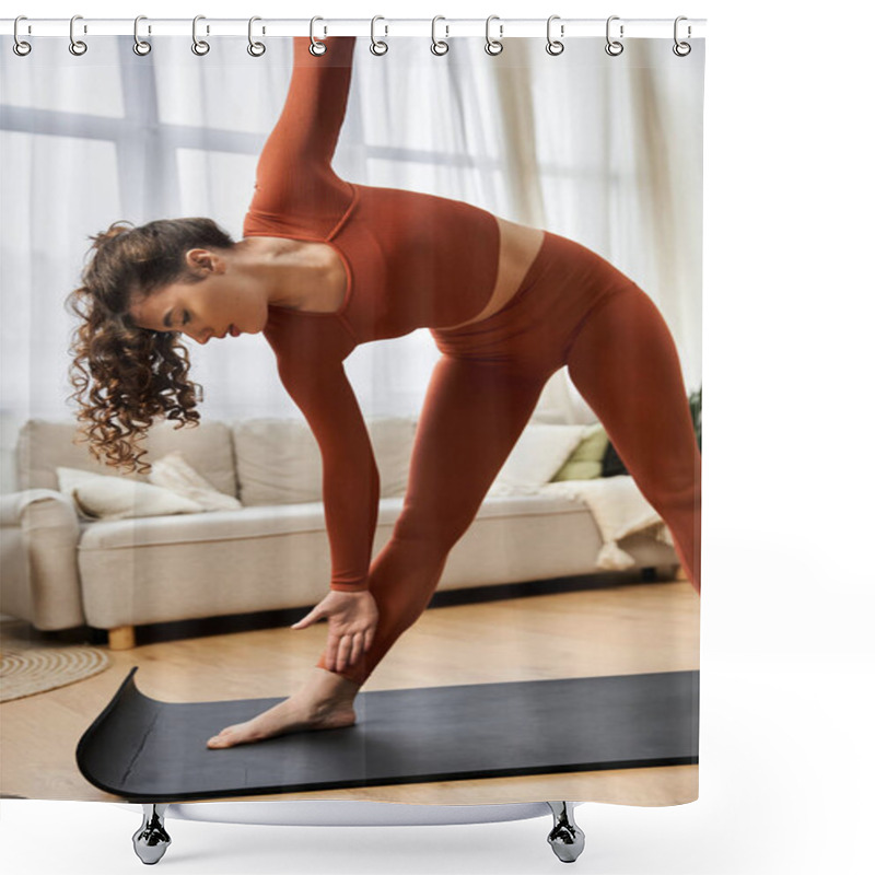 Personality  A Beautiful Young Woman Is Engaging In A Yoga Pose, Showcasing Strength And Flexibility At Home. Shower Curtains