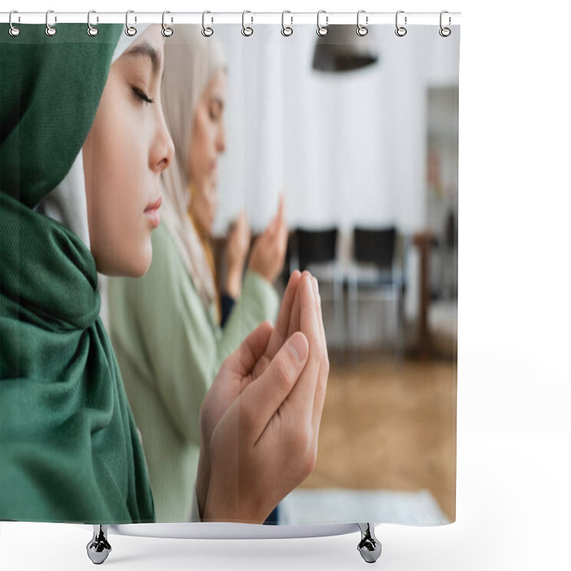 Personality  Side View Of Girl In Hijab Praying Near Blurred Family At Home  Shower Curtains