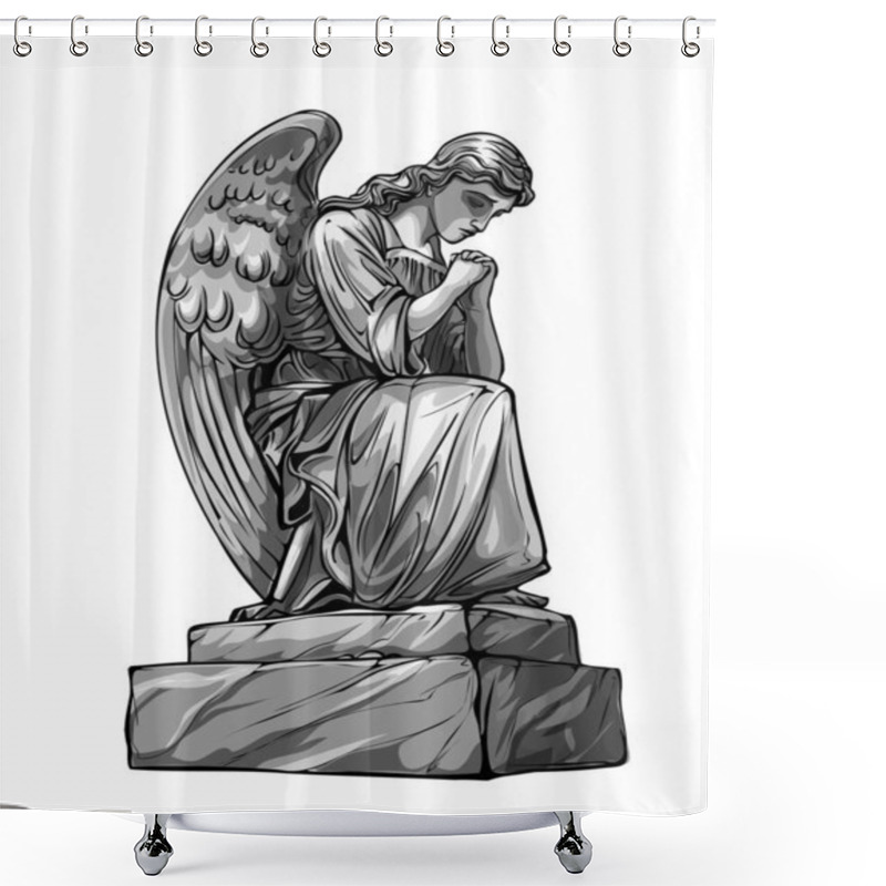 Personality  Crying Praying Angel Sculpture With Wings. Monochrome Illustration Of The Statue Of An Angel. Isolated. Vector Illustration. Shower Curtains