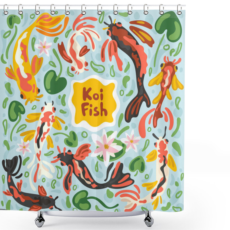 Personality  Colorful Koi Fishes. Vector Stock Illustration Koi Carp Abstract. Japanese, Chinese Swimming Carps In Pond With Lotus Leaf, Floral And Algae. Modern Flat Impressionism Or Doodle Free Hand Style Shower Curtains