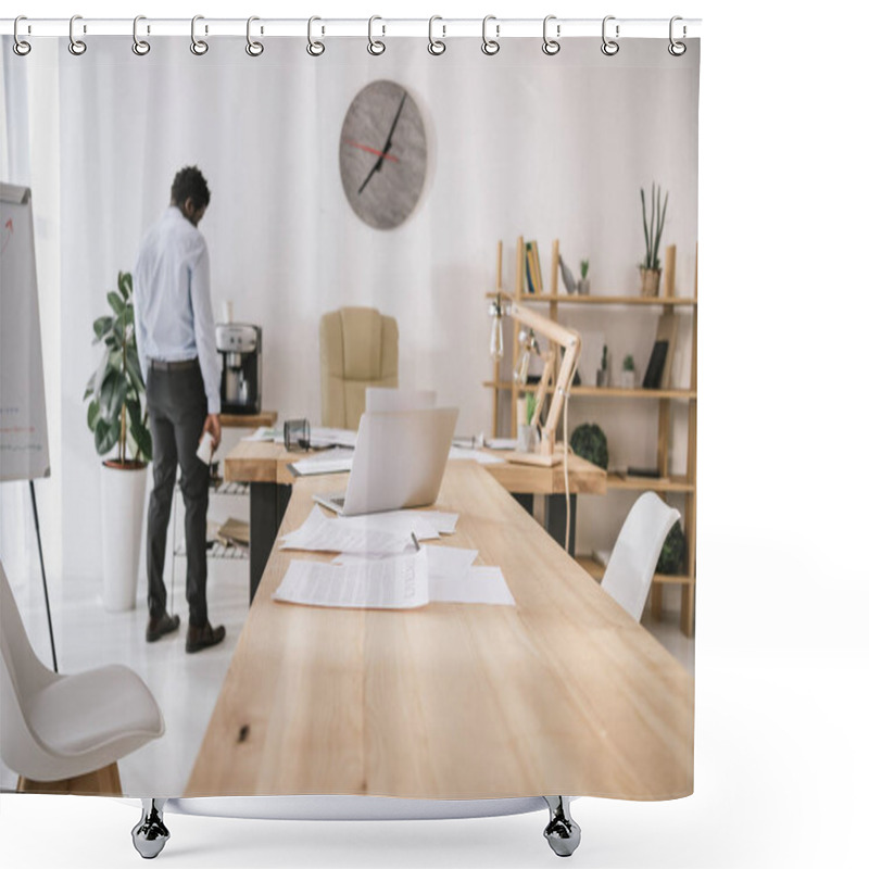 Personality  Lonely Tired Businessman Standing At Conference Hall With Paperwork On Table Shower Curtains