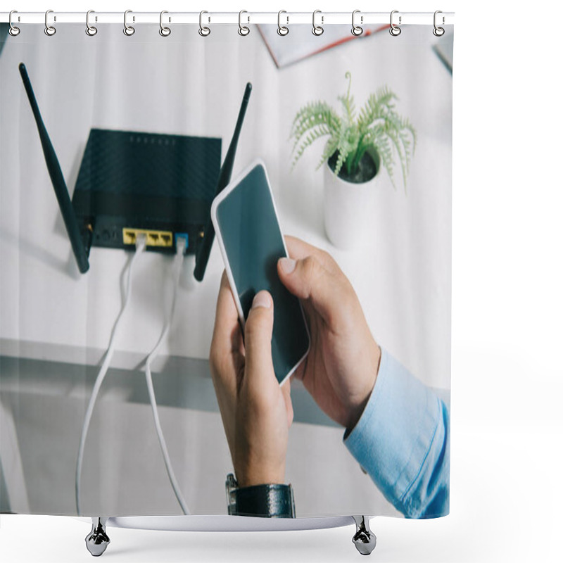 Personality  Cropped View Of Businessman Holding Smartphone Near Plugged Router Shower Curtains