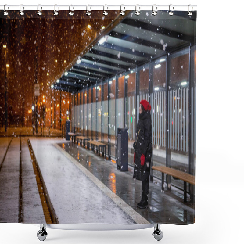 Personality  Woman Looking At Snow Standing At Tram Station Winter Night Out Of Focus Shower Curtains