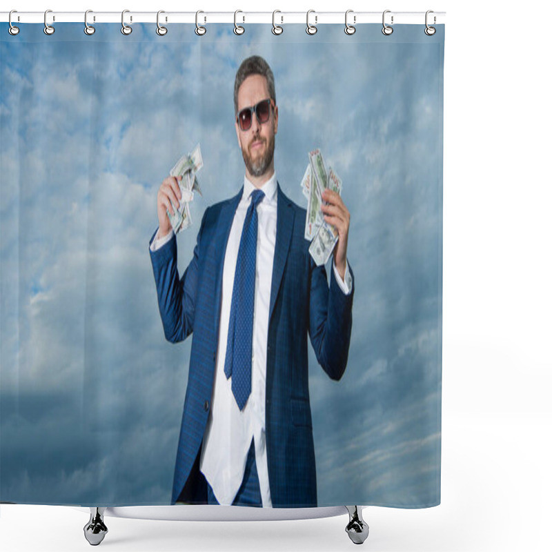 Personality  Riches Of Man With Money On Sky Background With Copy Space. Riches Of Man With Money Outdoor. Riches Of Man With Money In Suit. Riches Photo Of Man With Money. Shower Curtains