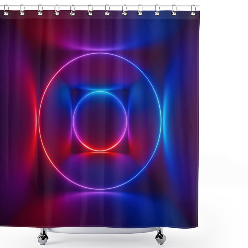 Personality  3d Rendering, Ultraviolet Spectrum, Glowing Rings, Circles, Circular Neon Lights, Abstract Psychedelic Square Background, Cubic Room, Corridor, Tunnel Perspective, Vibrant Colors Shower Curtains