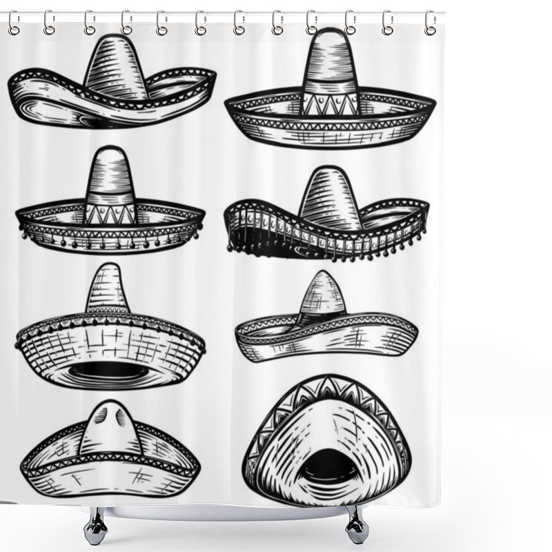 Personality  Set Of Mexican Sombrero In Tattoo Style Isolated On White Background. Design Element For Poster, T Shit, Card, Emblem, Sign, Badge.  Shower Curtains