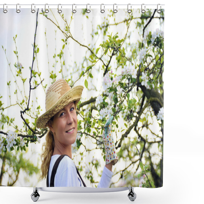 Personality  Young Woman Gardening - In Apple Tree Orchard Shower Curtains