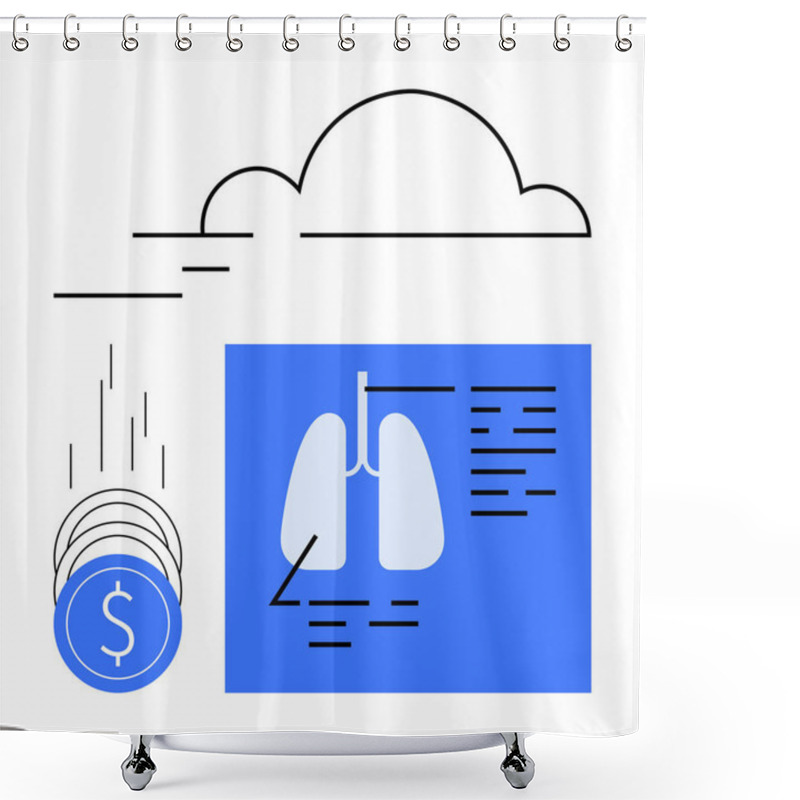 Personality  Cloud Symbol With Falling Coins Towards Medical Record Of Lungs Diagram Ideal For Healthcare, Telemedicine, Cloud Storage, Data Privacy, Medical Billing, Digital Healthcare, Modern Medicine. Line Shower Curtains