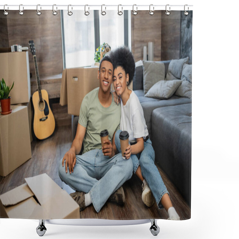 Personality  Happy African American Couple With Coffee Looking At Camera Near Packages In New Living Room Shower Curtains