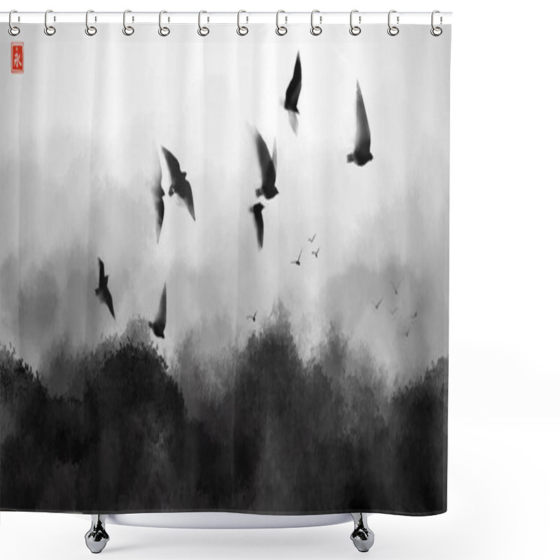 Personality  Flock Of Big Black Birds Over The Rough Sea. Traditional Oriental Ink Painting Sumi-e, U-sin, Go-hua. Translation Of Hieroglyph - Eternity. Shower Curtains