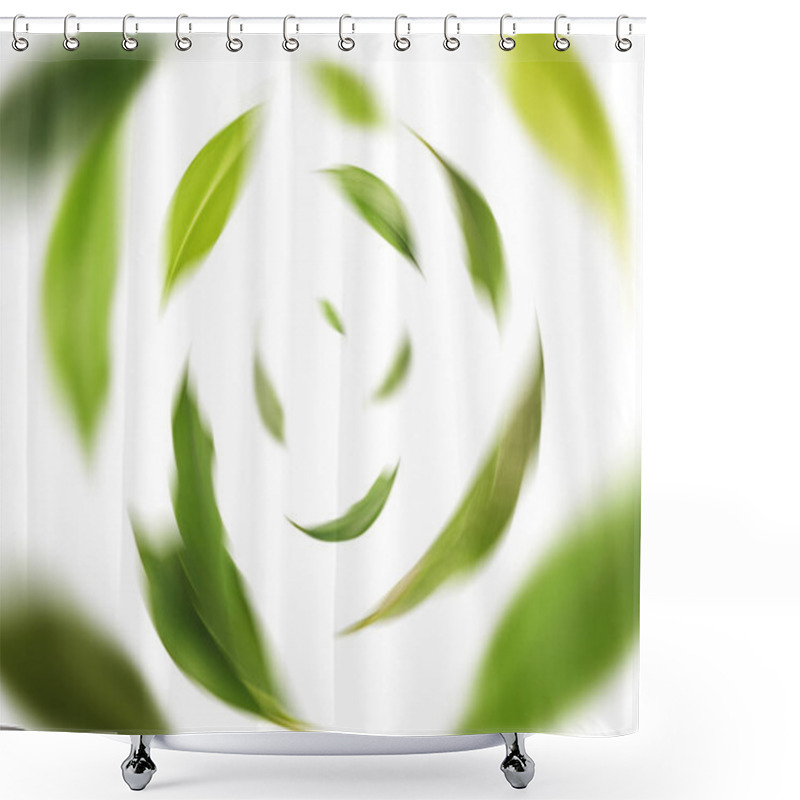 Personality  Vividly Flying In The Air Green Tea Leaves Isolated On White Bac Shower Curtains