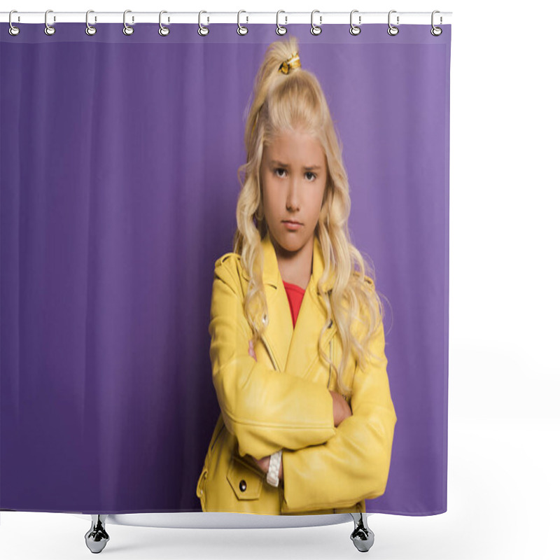 Personality  Offended Kid With Crossed Arms Looking At Camera On Purple Background  Shower Curtains