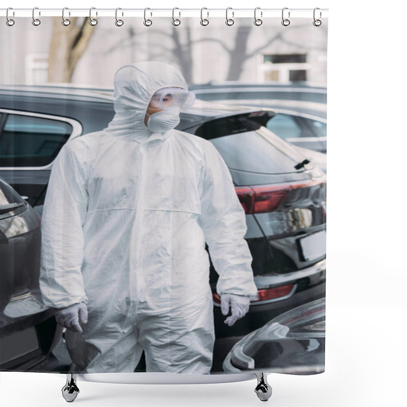 Personality  Asian Epidemiologist In Hazmat Suit And Respirator Mask Inspecting Cars On Parking Lot Shower Curtains