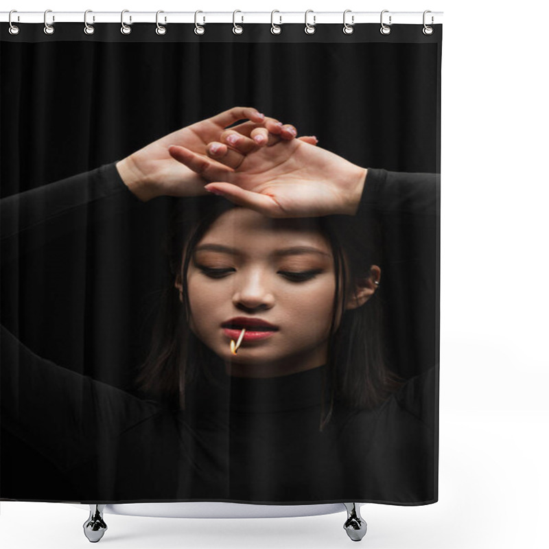 Personality  Portrait Of Pretty Asian Model With Burning Match In Mouth Posing Isolated On Black Shower Curtains