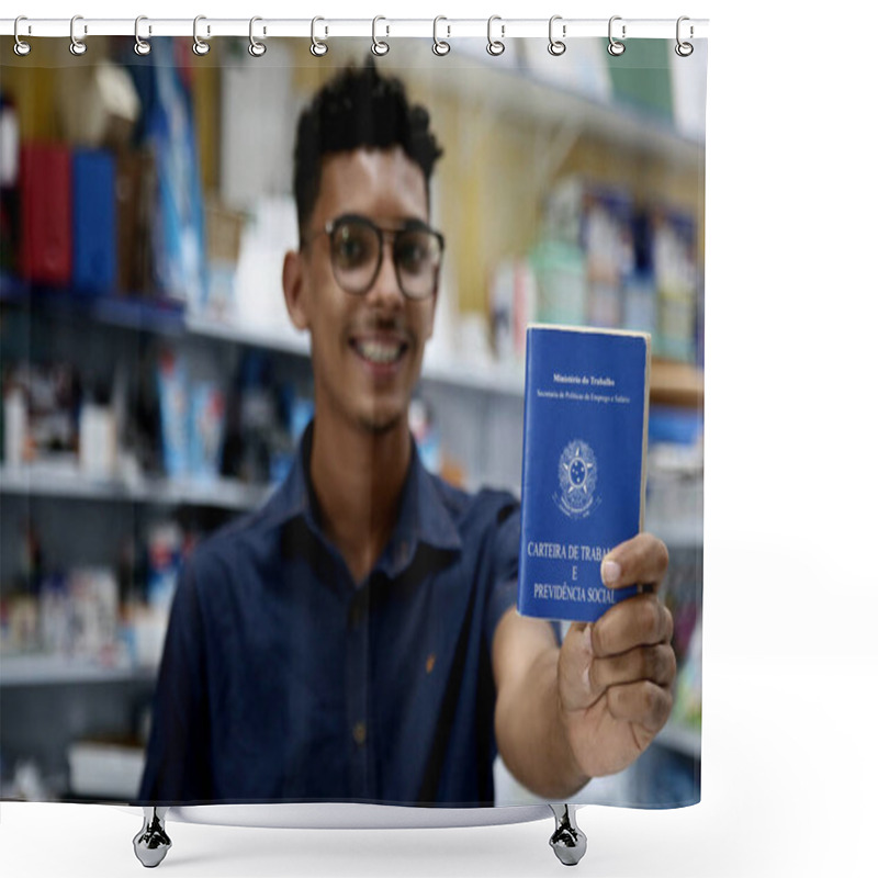 Personality  Mata De Sao Joao, Bahia, Brazil - October 1, 2020: Young Man Of Black Ethnicity Displays A Work And Social Security Card, A Necessary Document For Formalizing The Registration Of Work In Brazil. *** Local Caption *** Shower Curtains