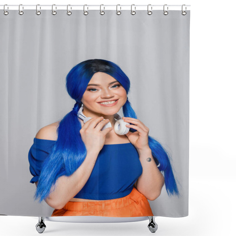 Personality  Music Lover, Cheerful Young Woman With Blue Hair And Wireless Headphones Smiling On Grey Background, Vibrant Youth, Individualism, Modern Subculture, Self Expression, Tattoo, Sound  Shower Curtains