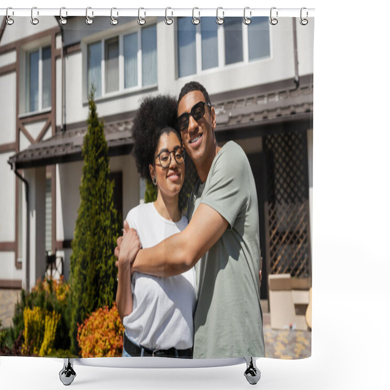 Personality  Smiling African American Man In Sunglasses Hugging Girlfriend While Standing Near New House Shower Curtains