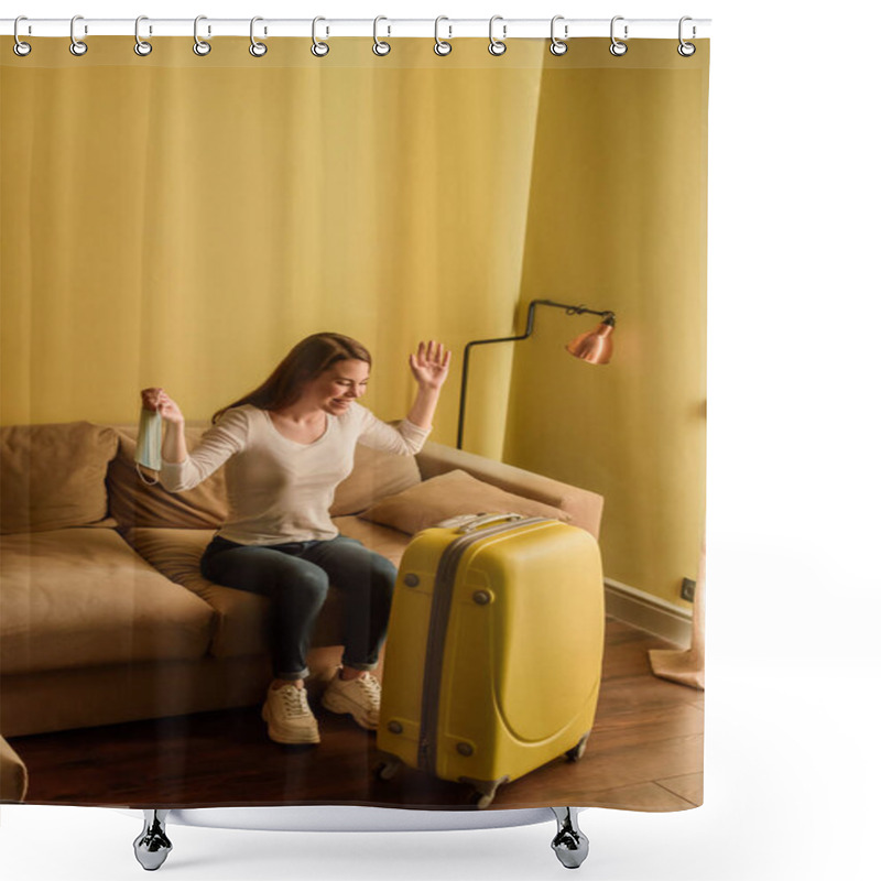 Personality  Happy Woman With Medical Mask Looking At Luggage, End Of Quarantine Concept  Shower Curtains