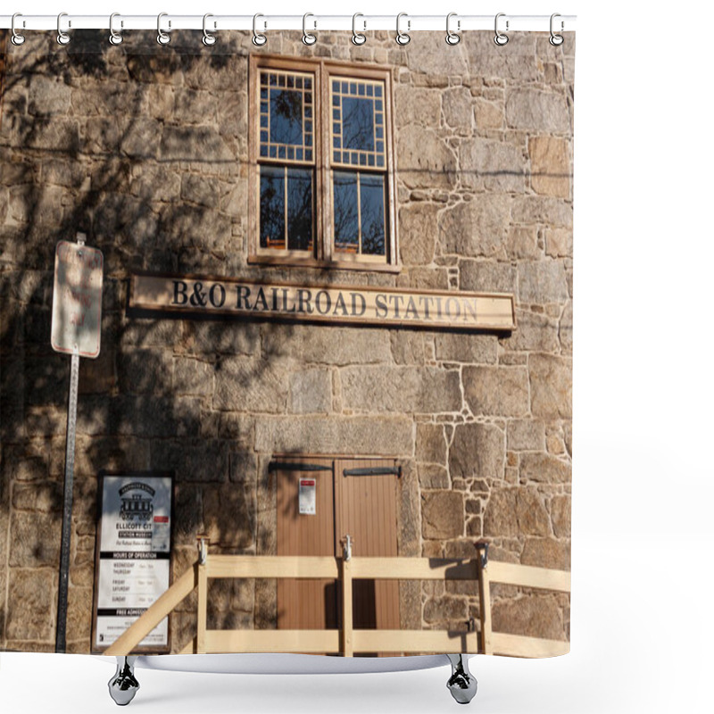 Personality  Ellicott City, MD USA 10/07/2020: Frontal View Of The Historic Ellicott City Railroad Station. Built As A Part Of Baltimore And Ohio Railroad (B&O), It Is The Oldest Remaining Passenger Station In US. Shower Curtains