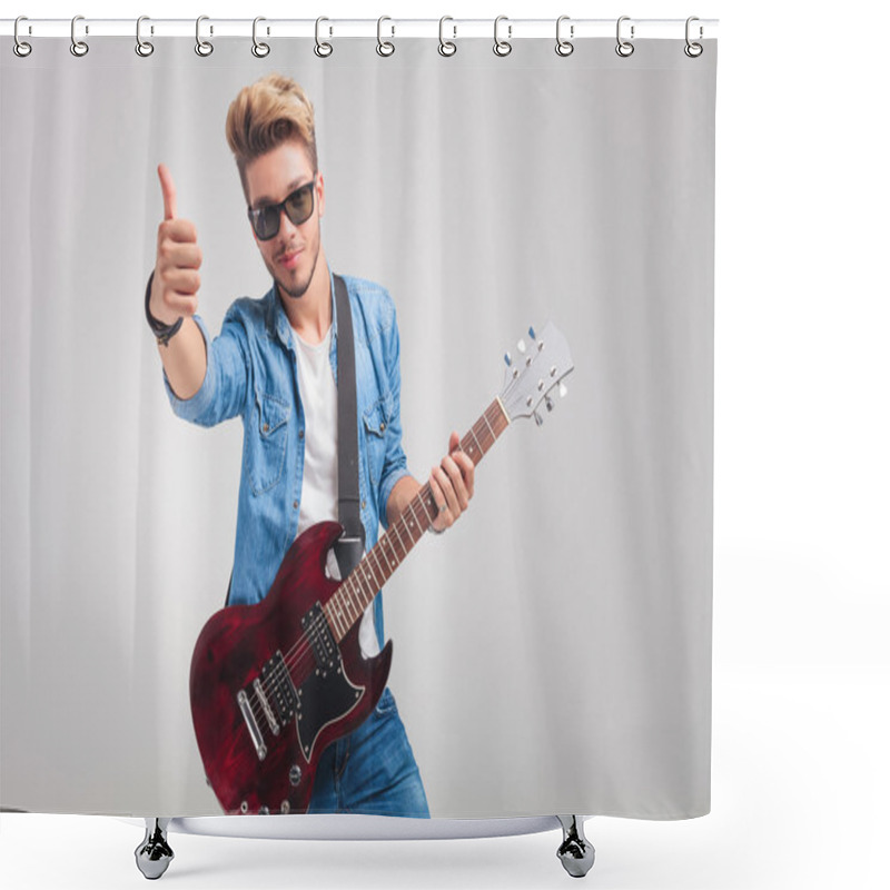 Personality  Man In Studio Holding A Guitar While Showing The Victory Sign Shower Curtains