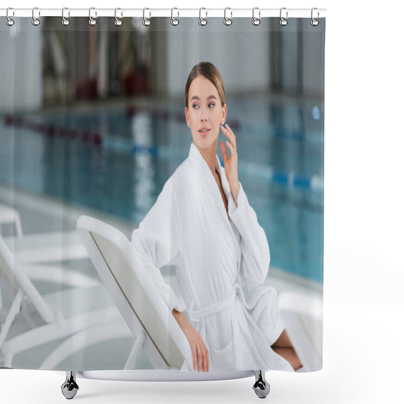 Personality  Young Woman In White Bathrobe Looking Away While Resting On Deck Chair Near Pool Shower Curtains