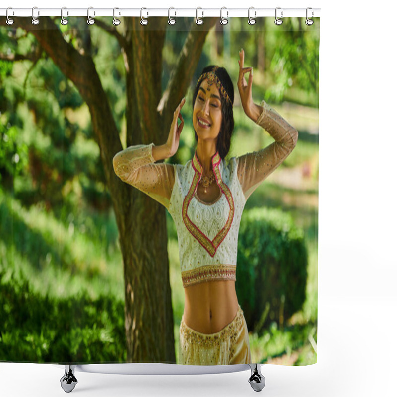 Personality  Young And Happy Indian Woman In Authentic Wear Dancing In Park On Sunny Day, Summer Happiness Shower Curtains