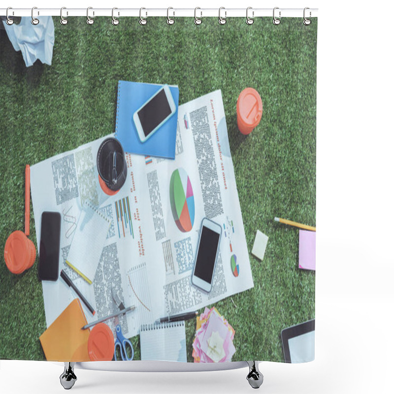 Personality  Heap Of Business Objects And Office Supplies Laying On Green Grass Carpet At Office, Business Establishment  Shower Curtains