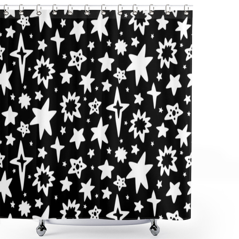 Personality  Seamless Childish Monochrome Cosmos Pattern With Whitte Silhouette Of Different Stars On Black Background. Vector Texture Of The Universe. Vector Wallpaper With Hand Drawn Space Shower Curtains